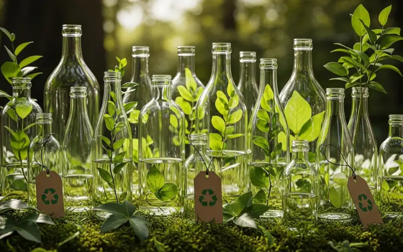 recyclable glass bottles, eco-friendly packaging, green environment concept.