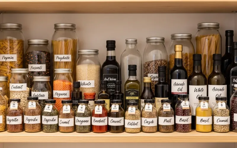 organized kitchen shelf with bottles, cool dry storage, neat arrangement.
