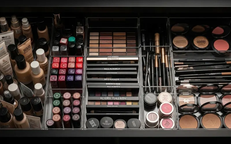 cosmetics stored in drawer, cool dark place, organized beauty storage setup