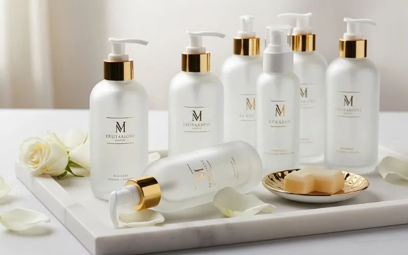 frosted glass cosmetic bottles, premium packaging, elegant product display.