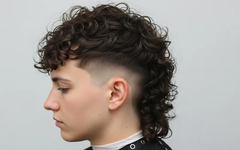 curly mullet with taper, gradual side transition, natural blend, soft edges, textured curls.