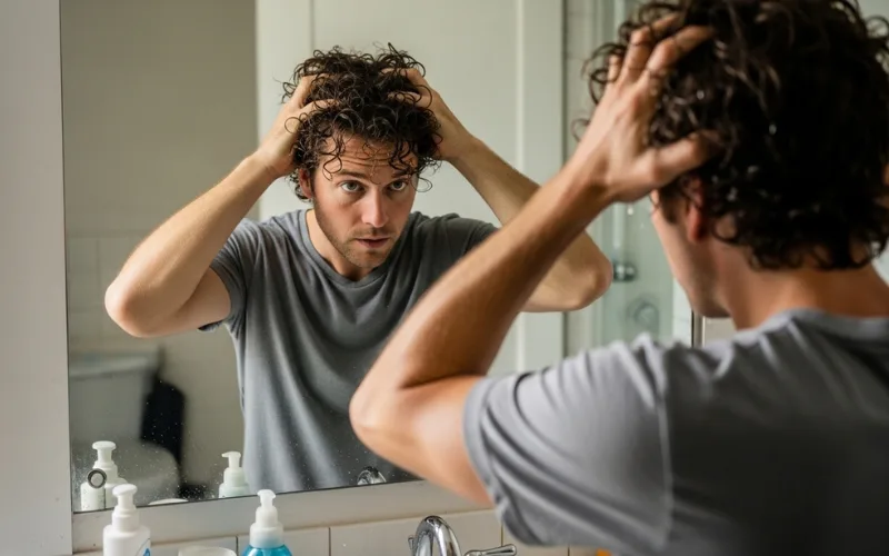 man scrunching curly hair in mirror, damp hair, natural lighting, casual bathroom scene.