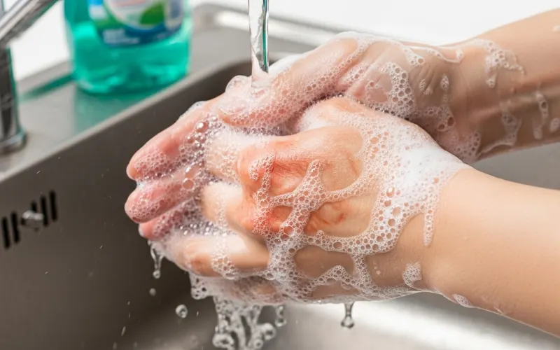 “Hands washing with dish soap to remove hair dye stain, sink, foam, close-up”