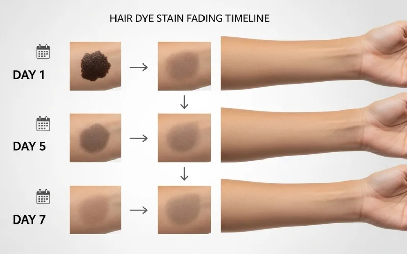 “Timeline showing hair dye stain fading from skin over days, infographic style”