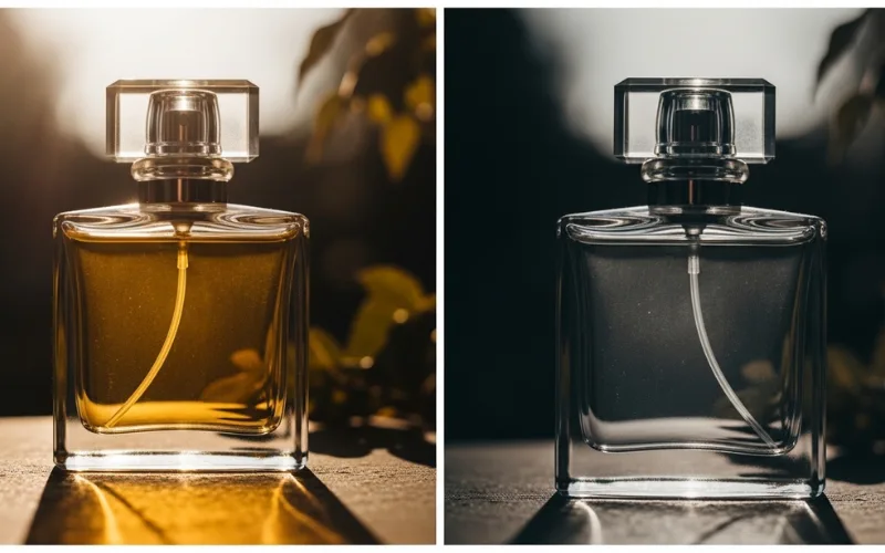 perfume bottle under sunlight vs shade comparison.