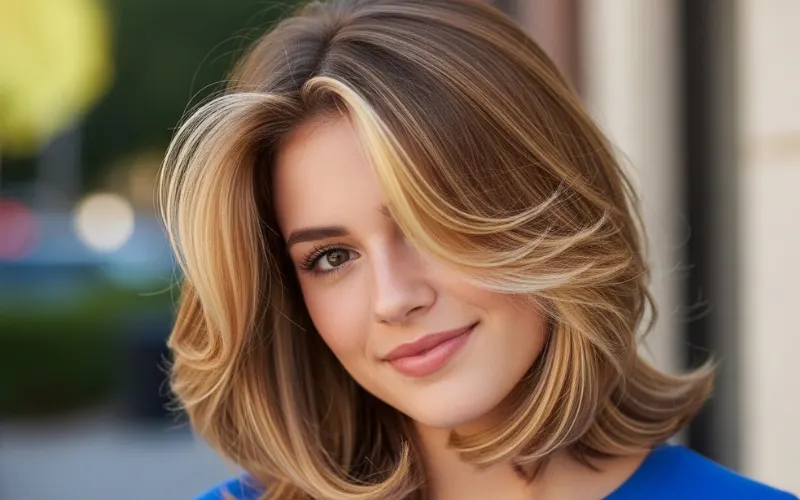 “shoulder length haircut with face framing layers, highlighted front strands, soft styling”