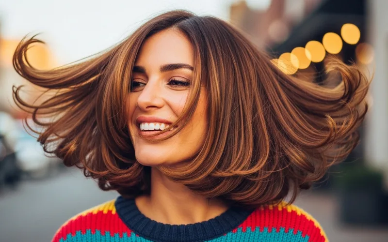 “shoulder length haircut with flipped out ends, 90s style, playful movement”