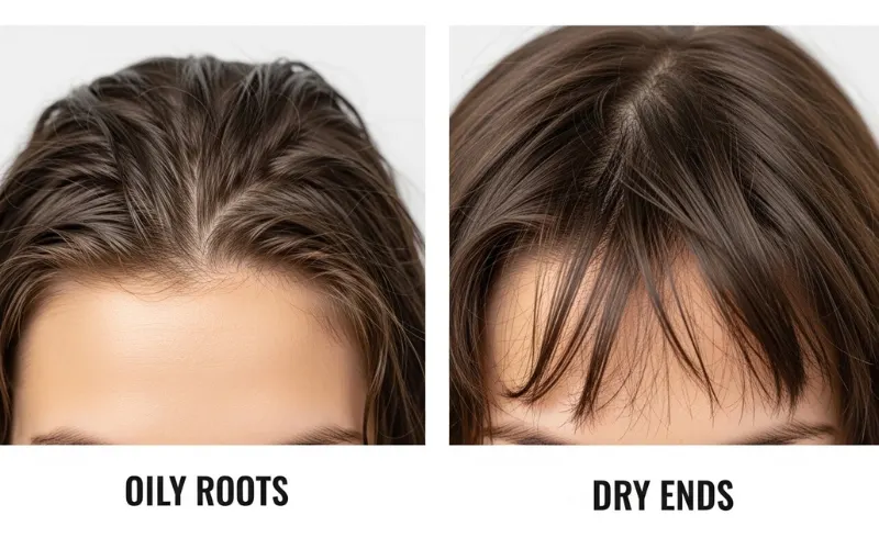 split hair concept showing oily roots and dry ends, comparison visual, clean background.