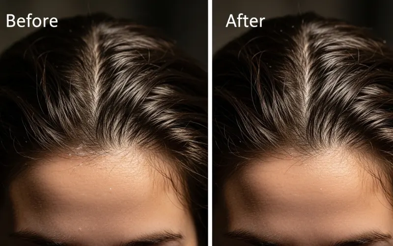 close-up greasy scalp before and after treatment comparison, dramatic lighting, realistic.