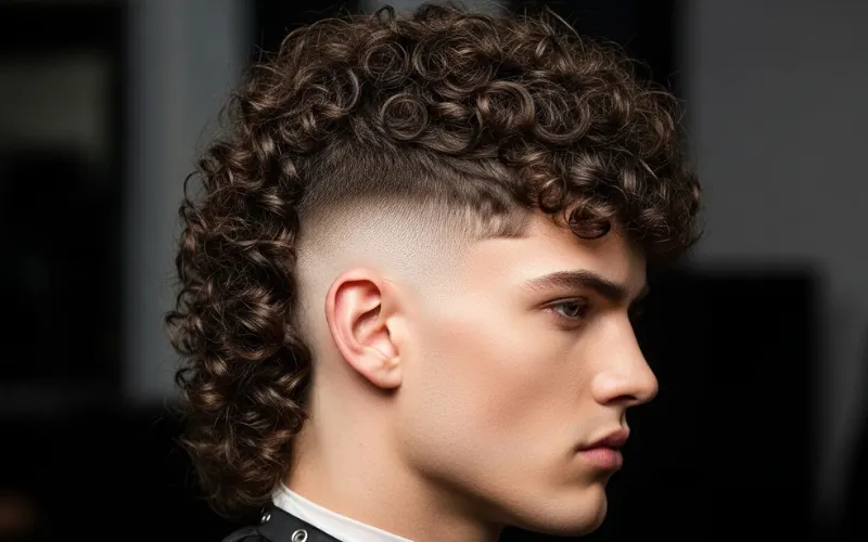 high skin fade curly mullet, strong contrast sides, tight fade, voluminous curly top and back.