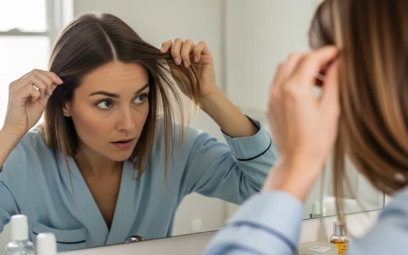 woman checking hair roots in mirror, fine hair close-up, natural light, realistic skincare routine.