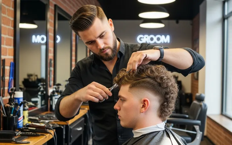 barber trimming curly mullet, fade detailing, scissors and textured curls, modern barbershop.