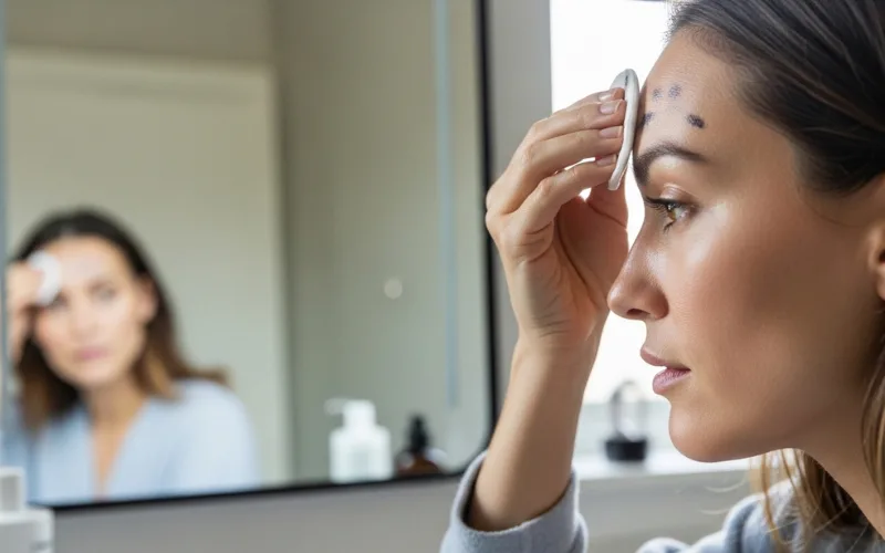 “Woman removing hair dye from forehead with cotton pad, bathroom mirror, natural light, realistic, skincare, close-up”