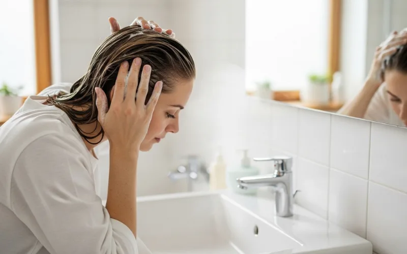 woman applying shampoo on scalp only, fine hair washing technique, bathroom setting.