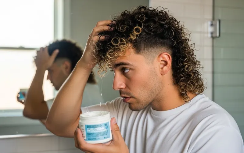 man styling curly mullet with curl cream, scrunching hair, bathroom mirror, natural lighting.