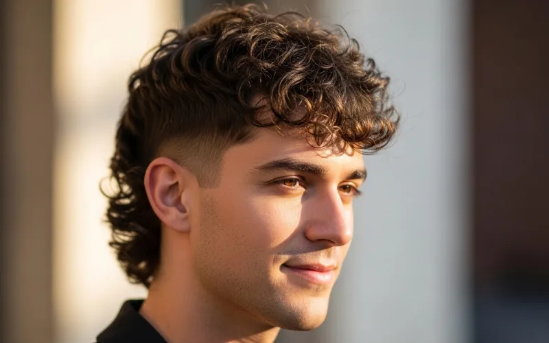 man with natural curly hair 3A curls styled into modern mullet, effortless look, soft lighting.