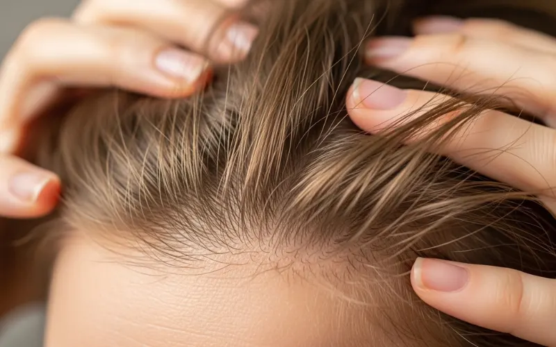 woman touching scalp, focus on hair density and roots, healthy fine hair, soft lighting.