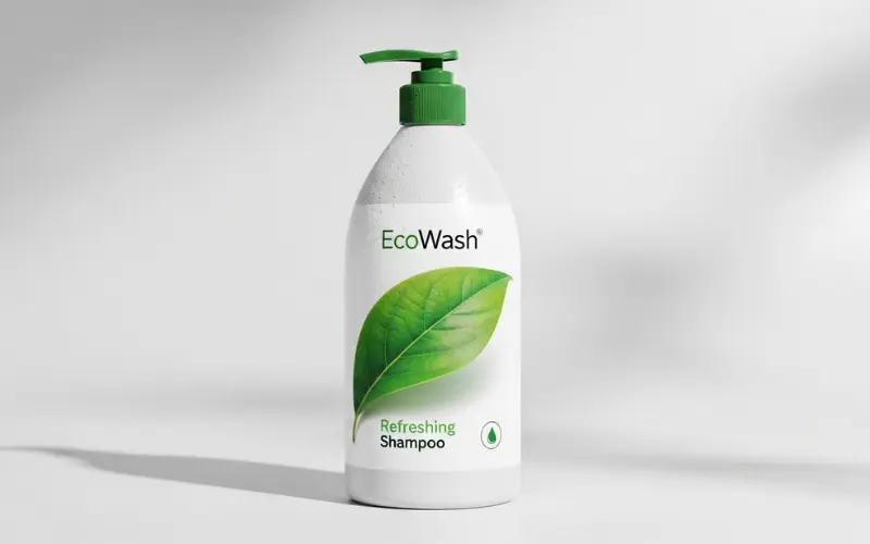 affordable shampoo bottle with fresh green theme, clean minimal background.