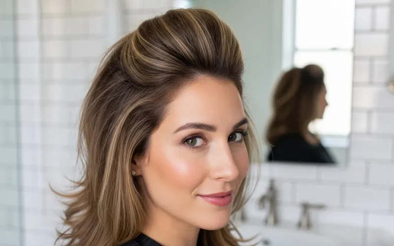 woman with lifted fine hair, voluminous roots, clean shiny finish, bathroom setting.