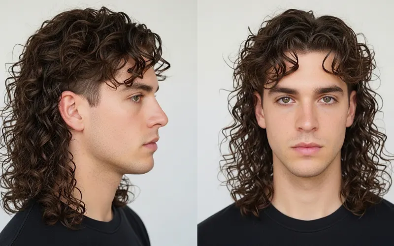 long curly mullet hairstyle, shoulder length curls in back, medium top length.