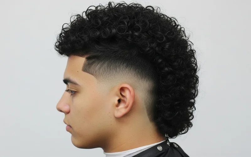 low fade curly mullet, clean taper around ears, full curly top, defined back length.