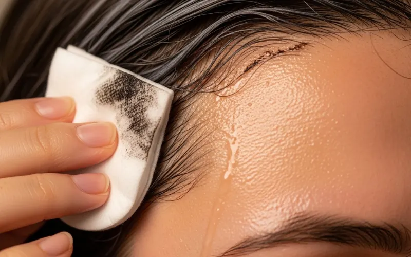 “Micellar water on cotton pad removing hair dye from hairline, close-up face, soft lighting”