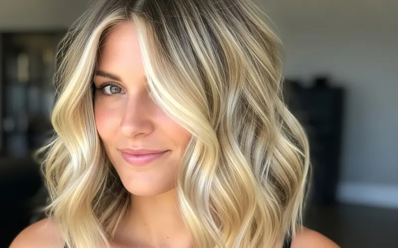 “collarbone haircut with money piece highlights, face framing blonde streaks, soft waves”