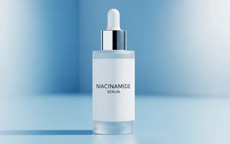 modern skincare serum bottle labeled niacinamide with soft blue tones, minimal aesthetic.