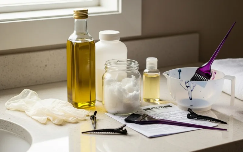 “Bottle of olive oil, coconut oil and baby oil on bathroom counter, hair dye tools, realistic photo”