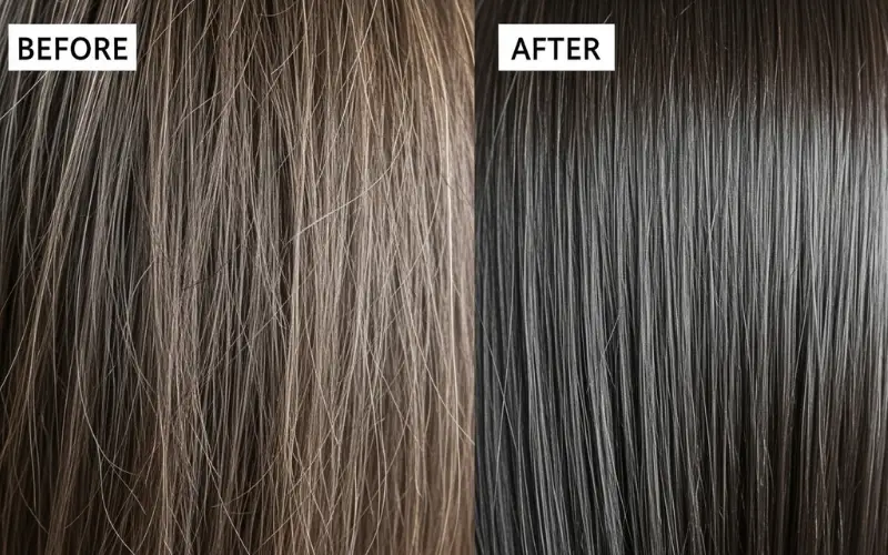 damaged fine hair before and after repair, smooth shiny strands, close-up.
