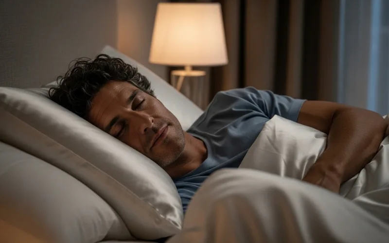 man with curly hair using silk pillowcase, relaxed bedroom setting.