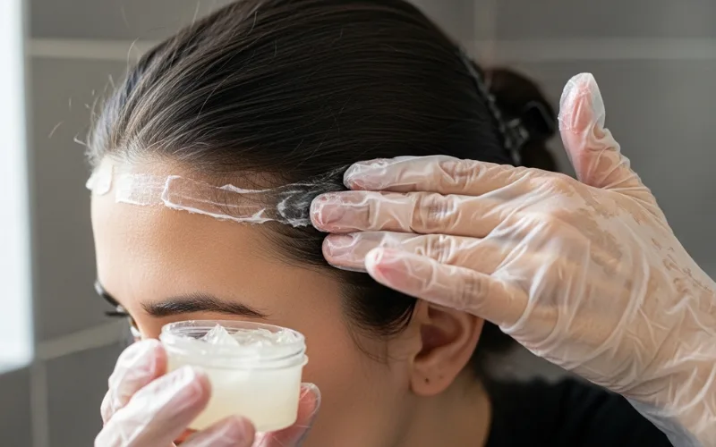 “Applying Vaseline along hairline before hair dye, wearing gloves, preparation process”