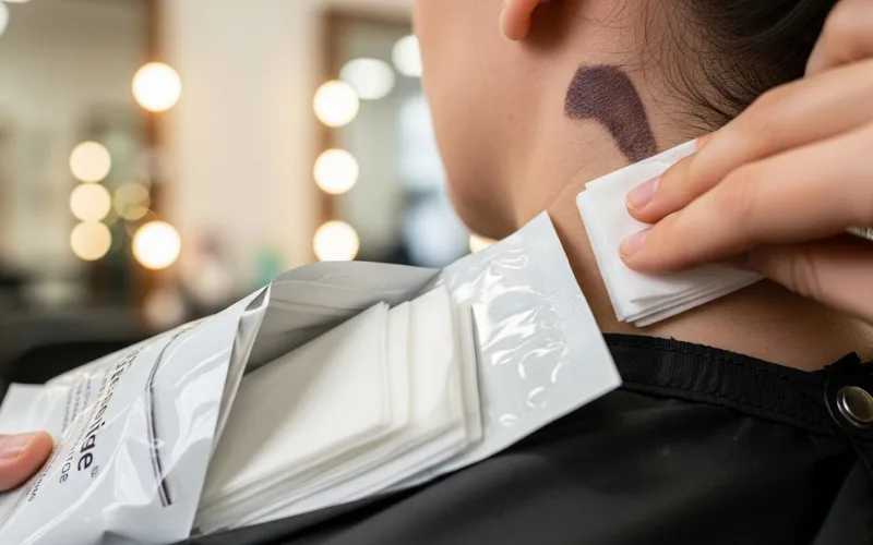 “Hair dye remover wipes packet and wiping stain from neck, salon setting”