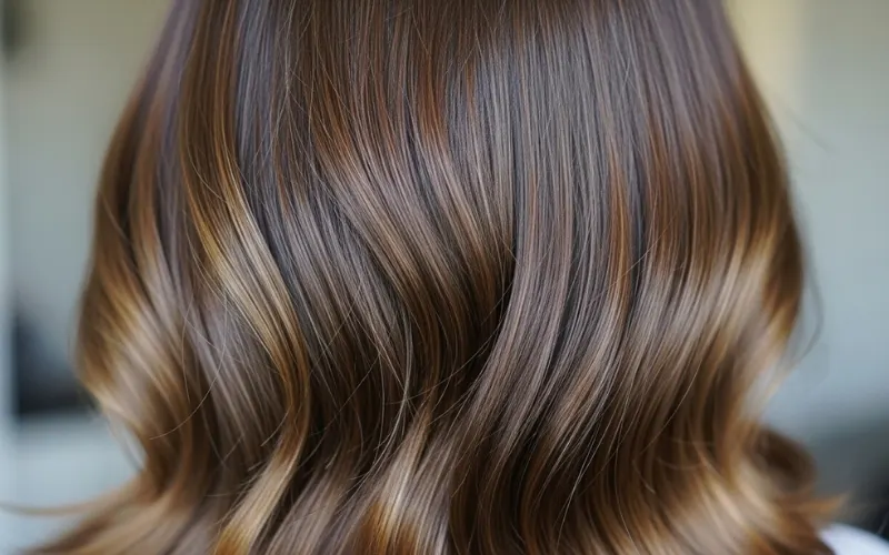 color-treated fine hair, glossy smooth texture, soft natural lighting.