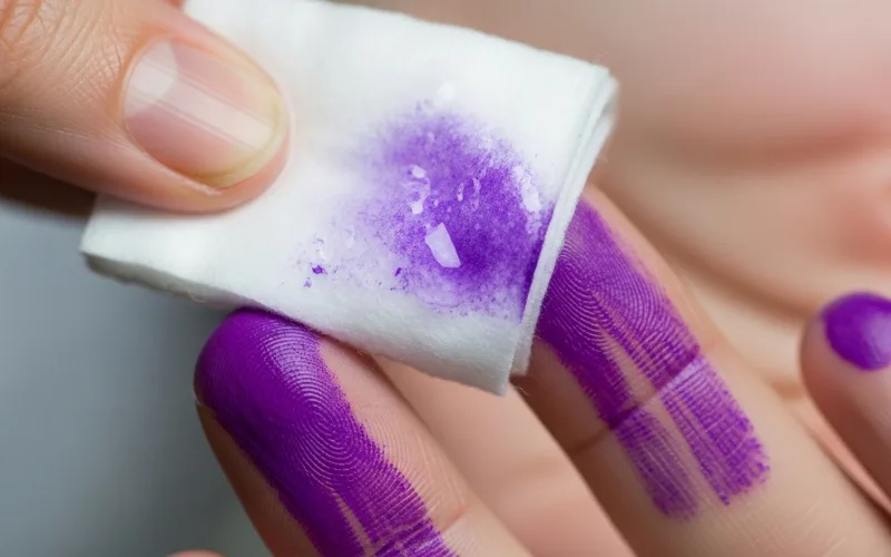 “Cotton pad with rubbing alcohol cleaning hair dye stain from fingers, close-up”