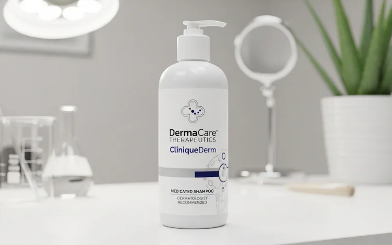 medicated shampoo bottle with clinical look, dermatologist theme.