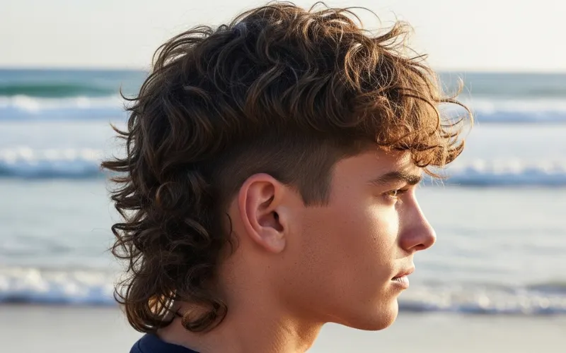 shaggy curly mullet haircut, loose messy layers, surfer style, medium length curls.