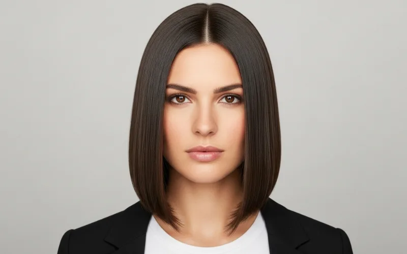 “straight shoulder length hair, sleek blunt cut, glossy finish, minimal layers”