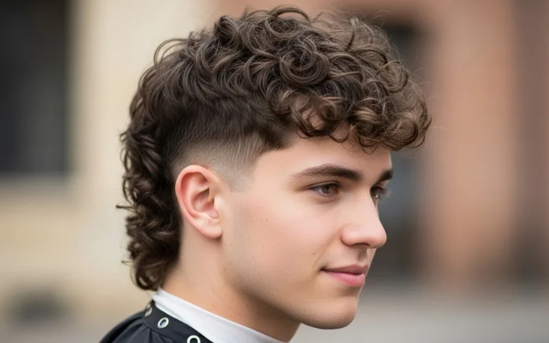 subtle curly mullet haircut, soft taper sides, slightly longer back, natural curls.