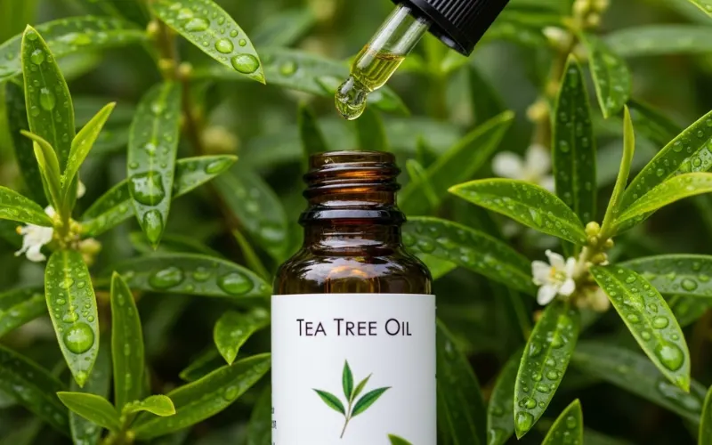 tea tree leaves and oil drop bottle with fresh green theme, natural hair care concept.