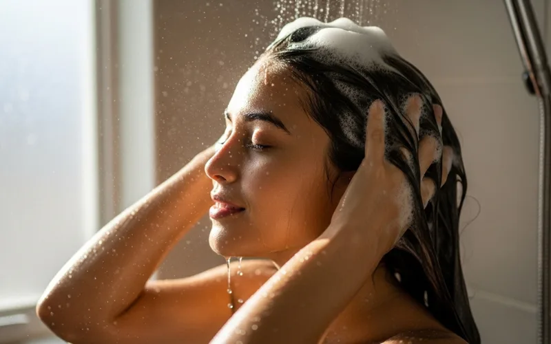 woman washing hair gently in shower, soft foam, healthy shiny hair, natural lighting.
