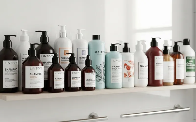 collection of different shampoo bottles arranged neatly, modern bathroom shelf, clean aesthetic.