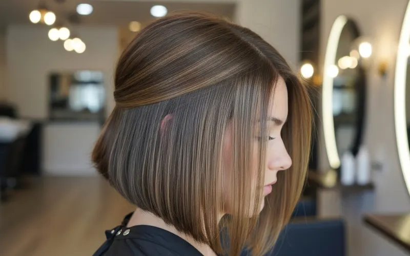 “a-line lob haircut, shorter back longer front, angled cut, modern salon look”