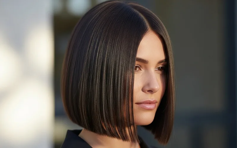 “blunt lob haircut, straight sleek hair, thick ends, minimal layers, glossy finish”