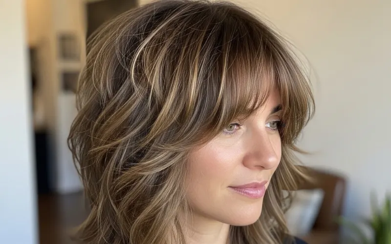 “classic shag haircut shoulder length, messy texture, choppy layers, curtain bangs”