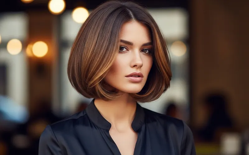 “italian bob haircut, jaw-length, rounded edges, chic european style, soft volume”