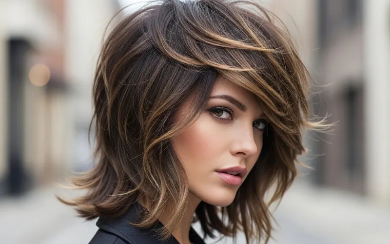 “modern wolf cut shoulder length, layered crown, edgy texture, slightly mullet shape”