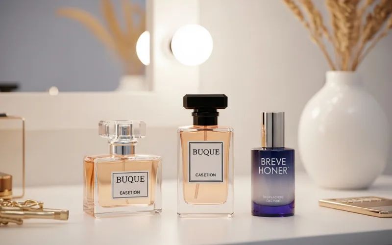 luxury perfume bottles and skincare serums on vanity, soft lighting, elegant aesthetic.