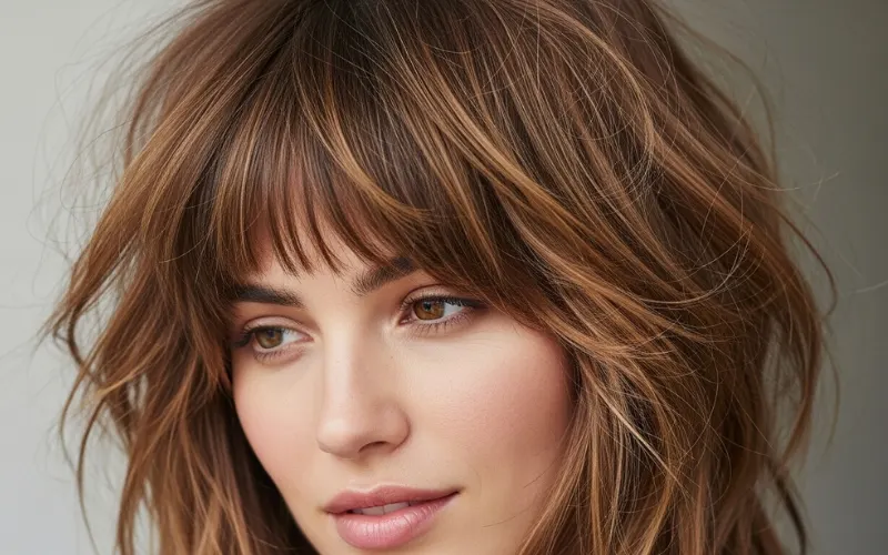 “textured shag haircut with wispy fringe, soft layers, natural messy look”