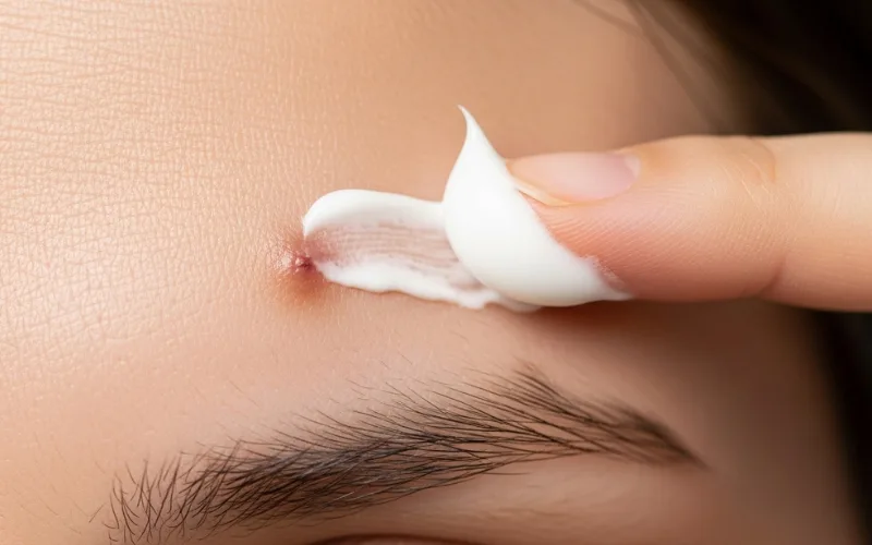 “White toothpaste being rubbed on small stain on forehead, close-up skincare”